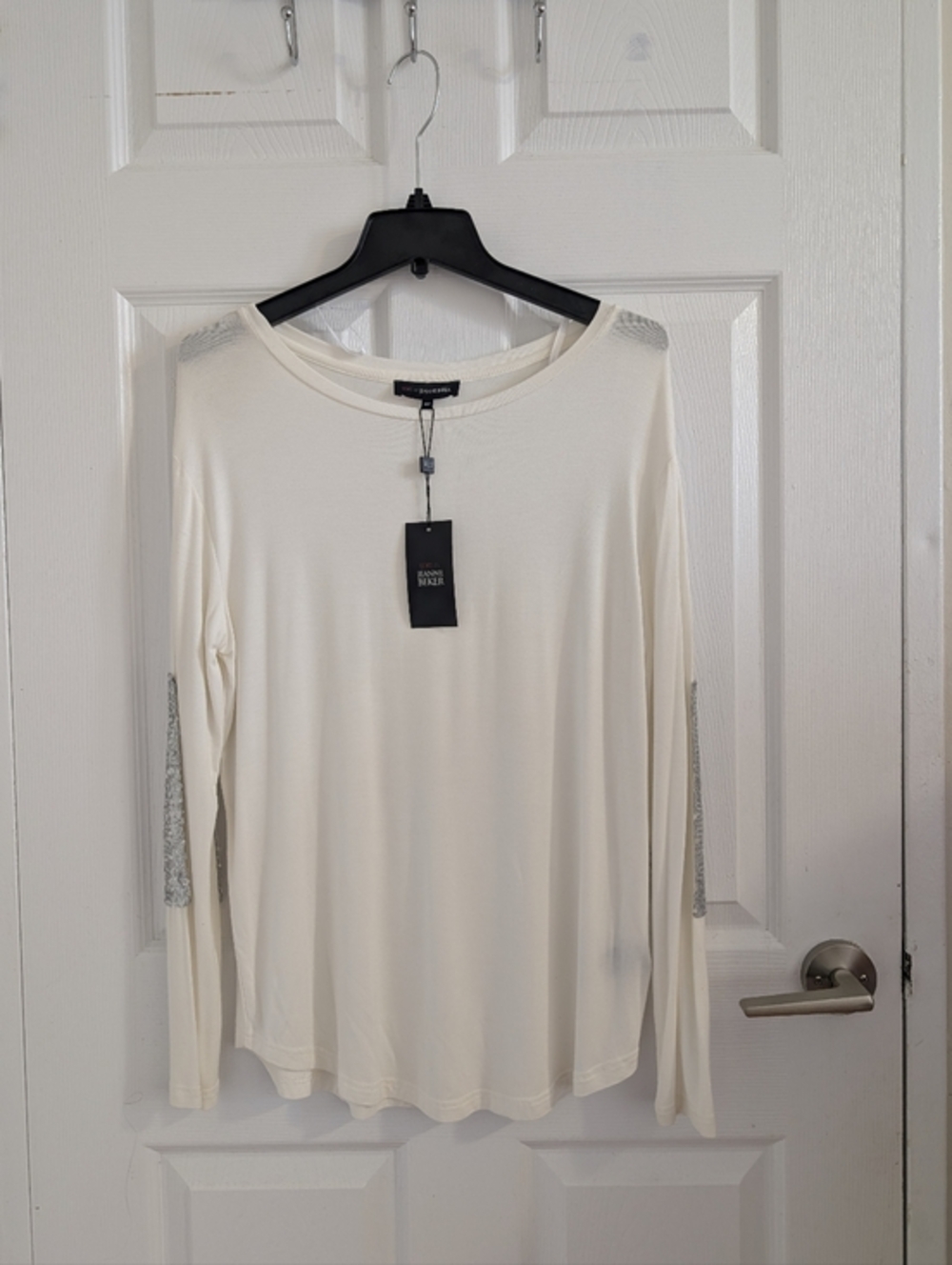 NWT Edit by Jeanne Beker White Long Sleeve Top Silver Sequin Elbow Patches S